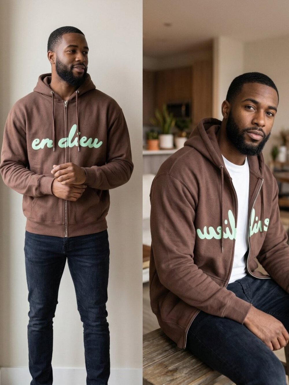 En Dieu In God Script Chocolate Brown Zip Hoodie SZ L